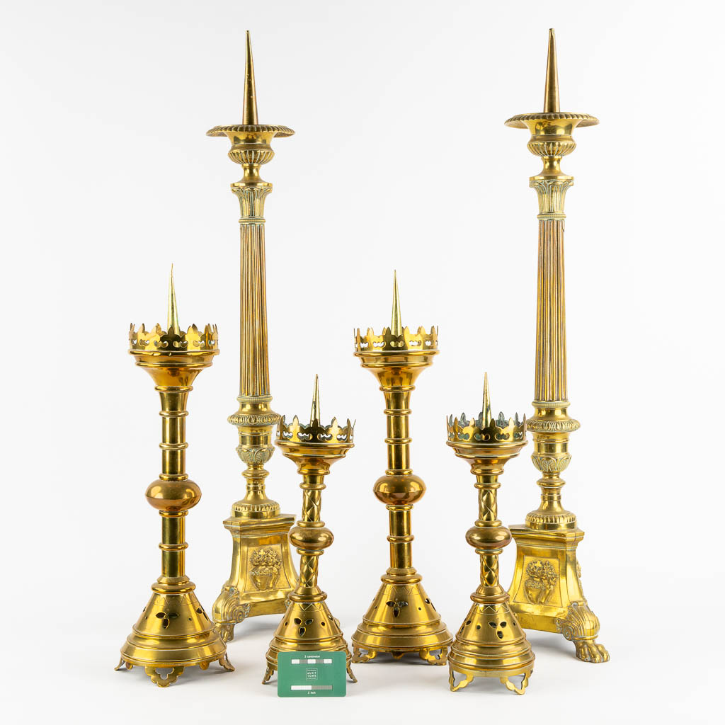 Three pairs of Church candlesticks, brass. Gothic Revival. (H:86 cm) - Image 2 of 16