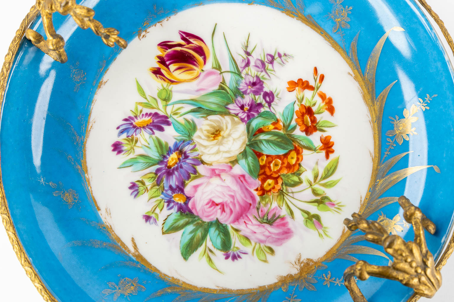 Limoges and Sèvres marks, a lamp base and a tazza with a hand-painted flower decor. (H:40 cm) - Image 11 of 14