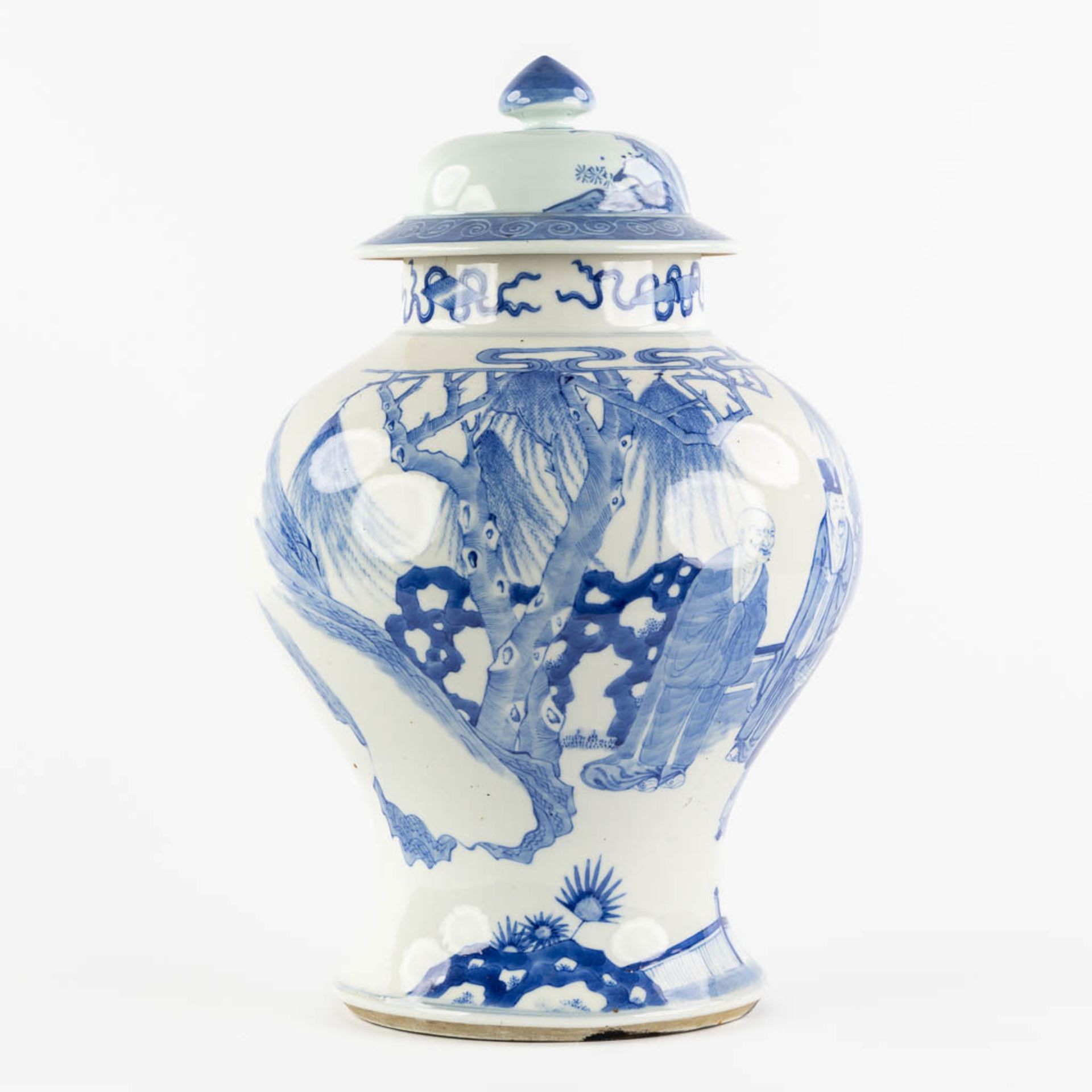 A Chinese 'Baluster' vase, blue-white decor of 'Wise Men'. (H:43 x D:29 cm) - Image 3 of 12