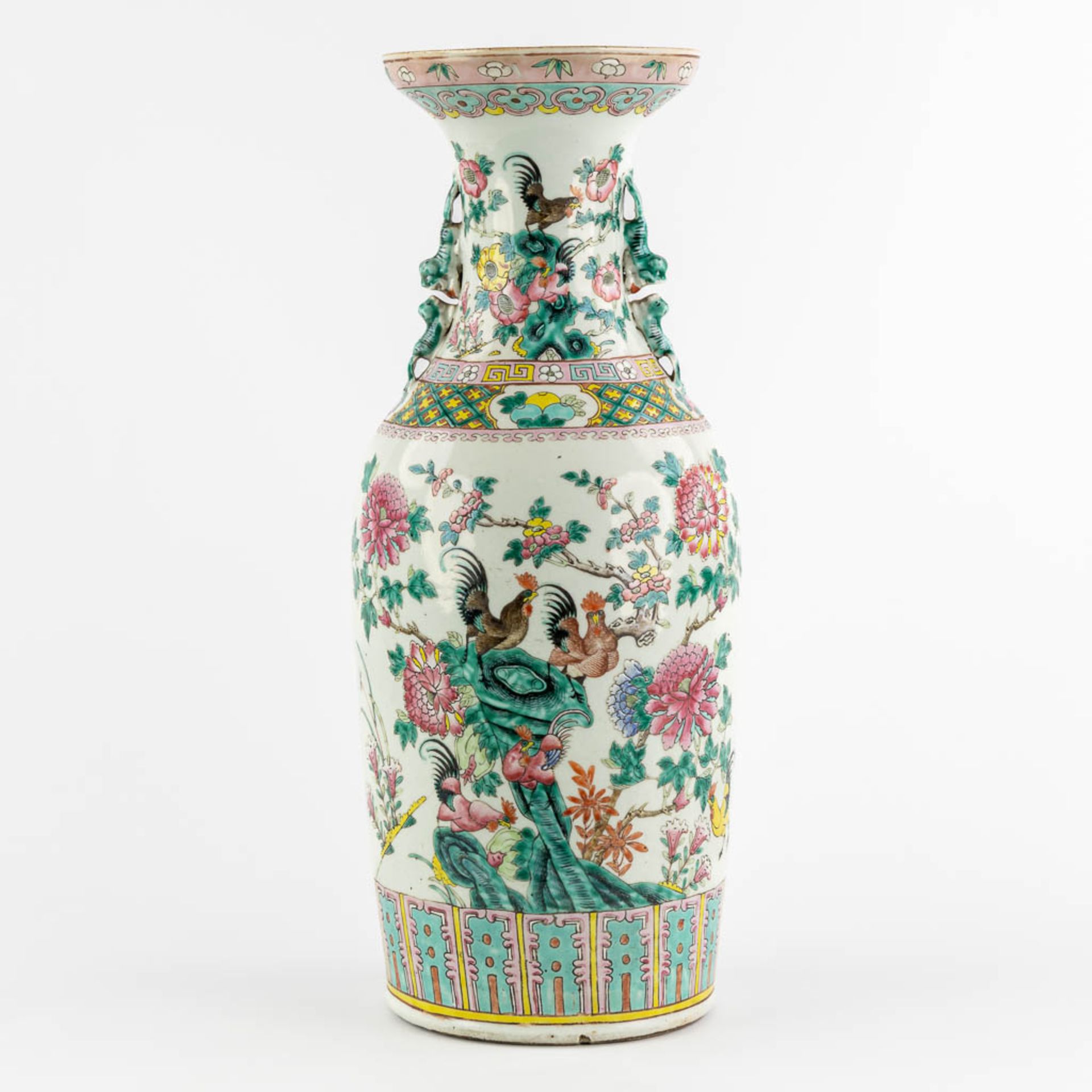 A large Chinese Famille Rose vase decorated with Chicken and Flora. (H:59 x D:23 cm) - Image 5 of 11