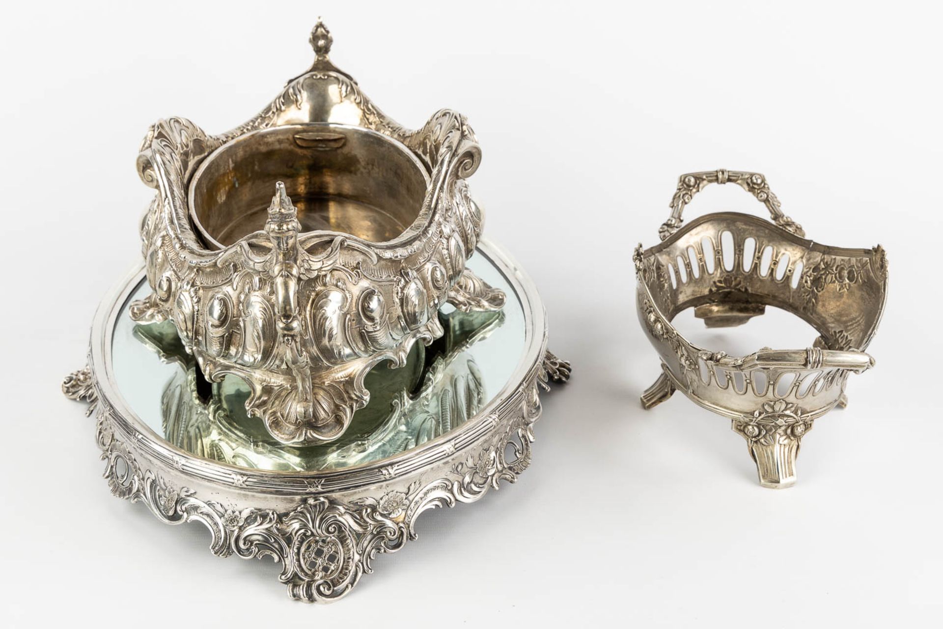 A large table centerpiece, silver, Germany. Added a basket. Circa 1900. (L:38 x W:54 x H:23 cm) - Image 4 of 12