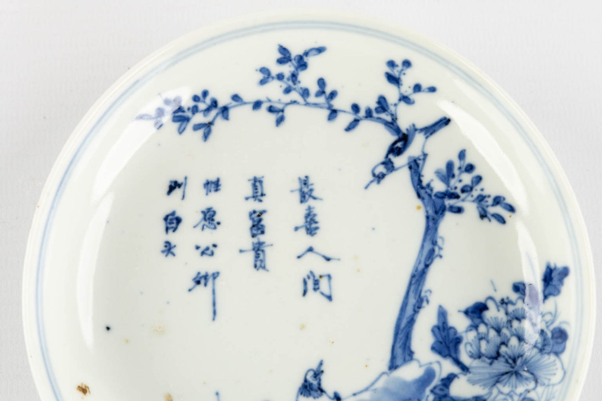 A Chinese plate, blue-white decor of fauna and flora. Kangxi mark. (H:3 x D:13,5 cm) - Bild 3 aus 7