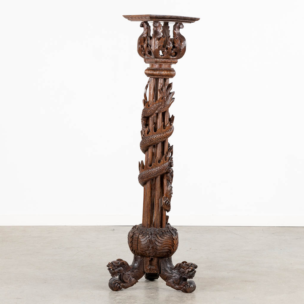 A Oriental hardwood pedestal with a sculptured dragon. (W:42 x H:125 cm) - Image 5 of 13
