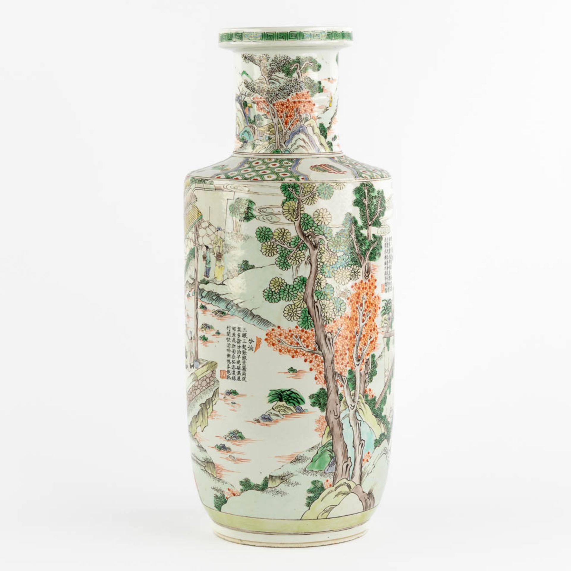 A Chinese Famille Verte 'Roulleau' vase with scènes of rice production. (H:46 x D:18 cm) - Image 4 of 13