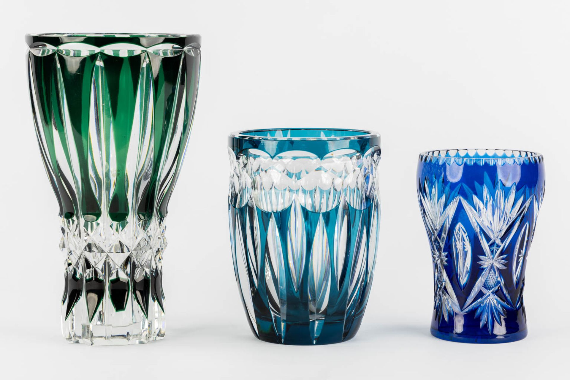 Three cut and coloured crystal vases, the largest signed Val Saint Lambert. (H:28 x D:16 cm) - Image 4 of 9