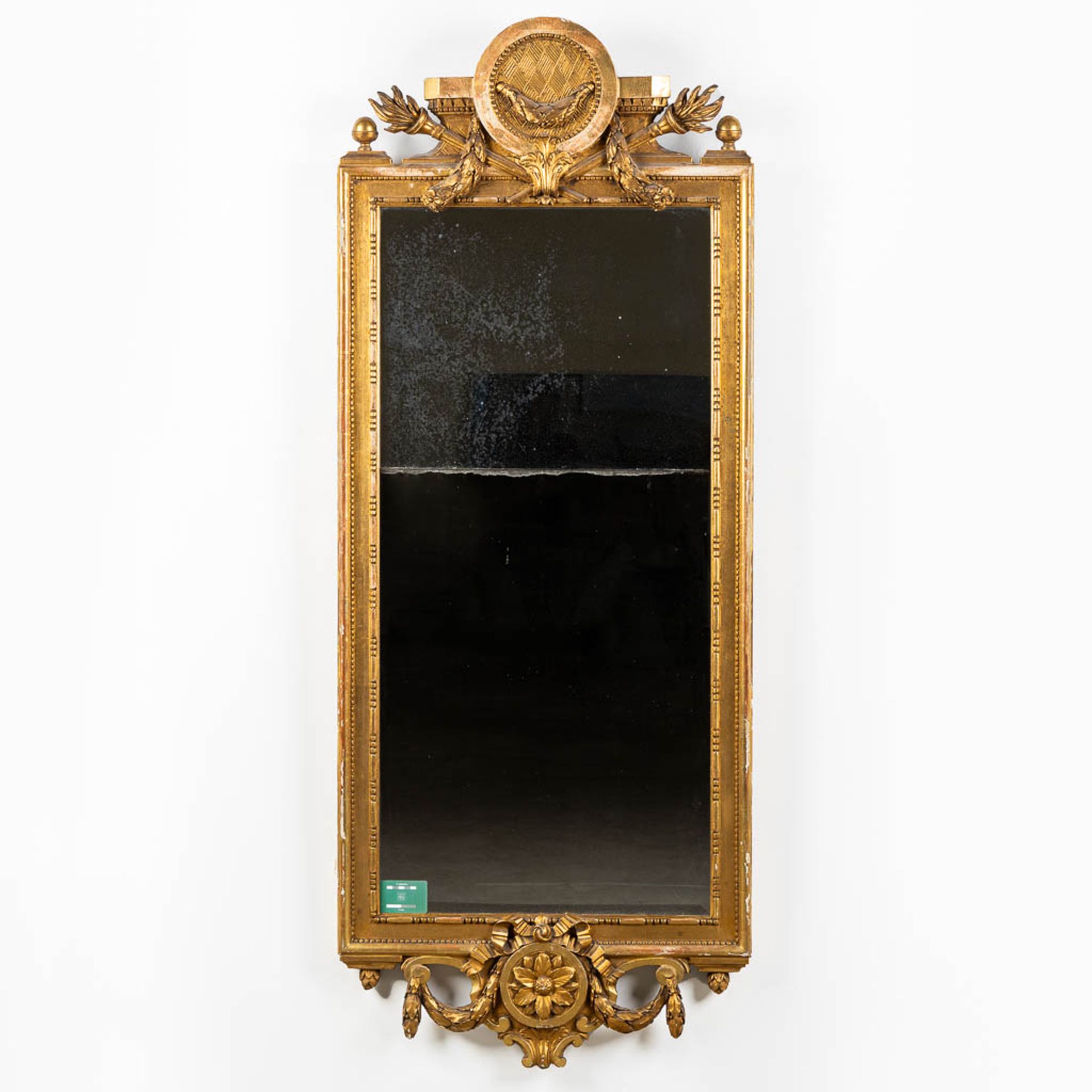 An antique mirror, gilt wood. Probably Scandinavia, Sweden. 19th C. (W:70 x H:178 cm) - Image 2 of 8