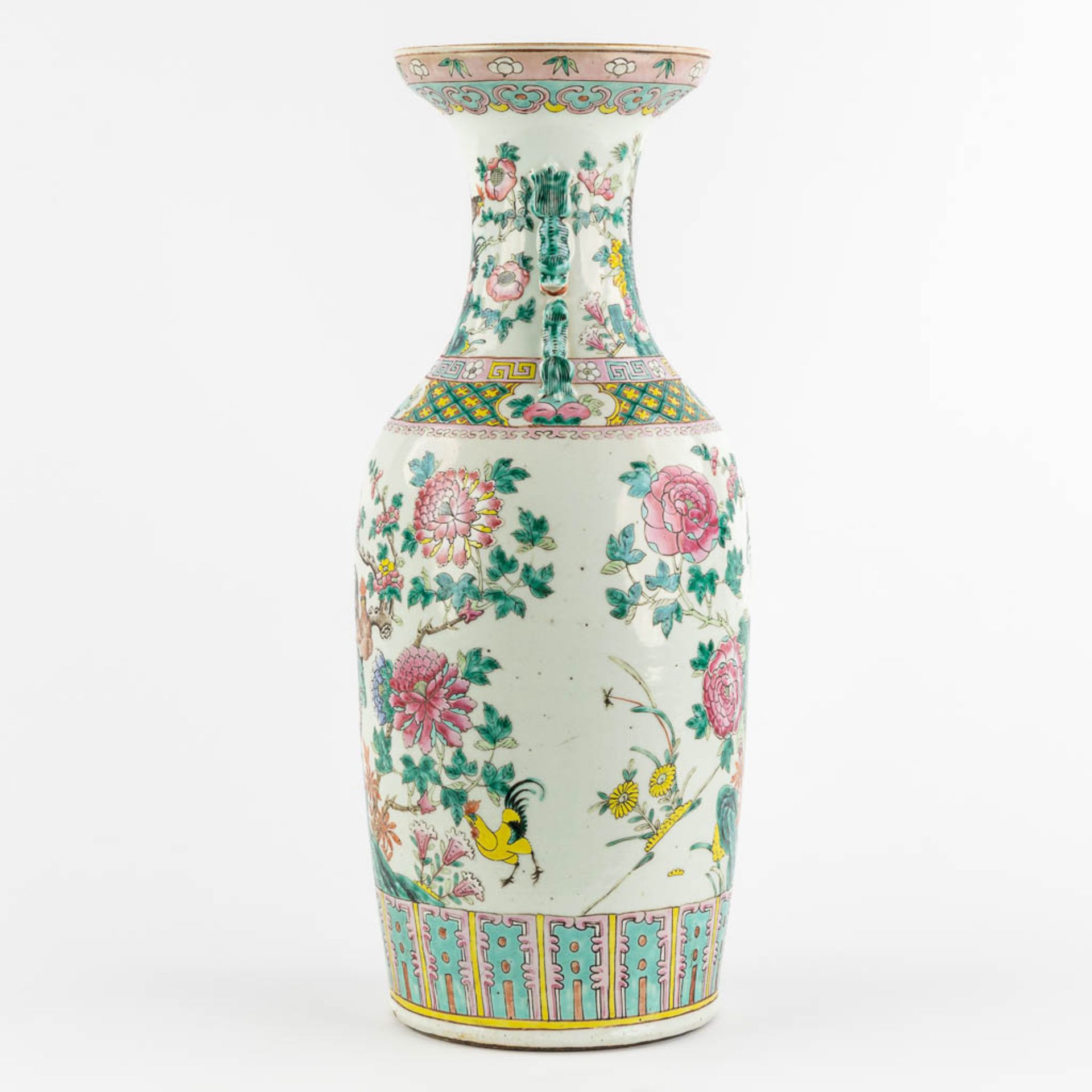 A large Chinese Famille Rose vase decorated with Chicken and Flora. (H:59 x D:23 cm) - Image 6 of 11