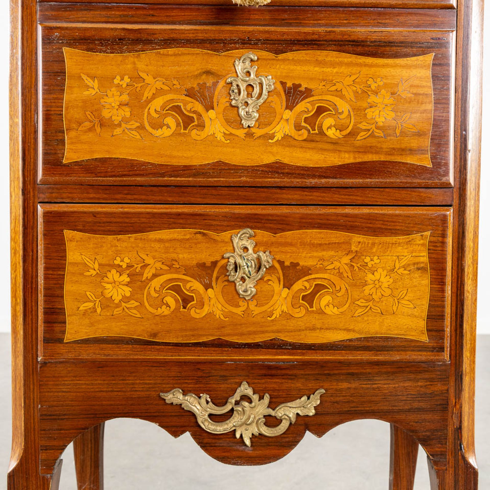 A Secretaire cabinet, Marquetry inlay and mounted with bronze. Circa 1900. (L:34 x W:56 x H:128 cm) - Image 13 of 15