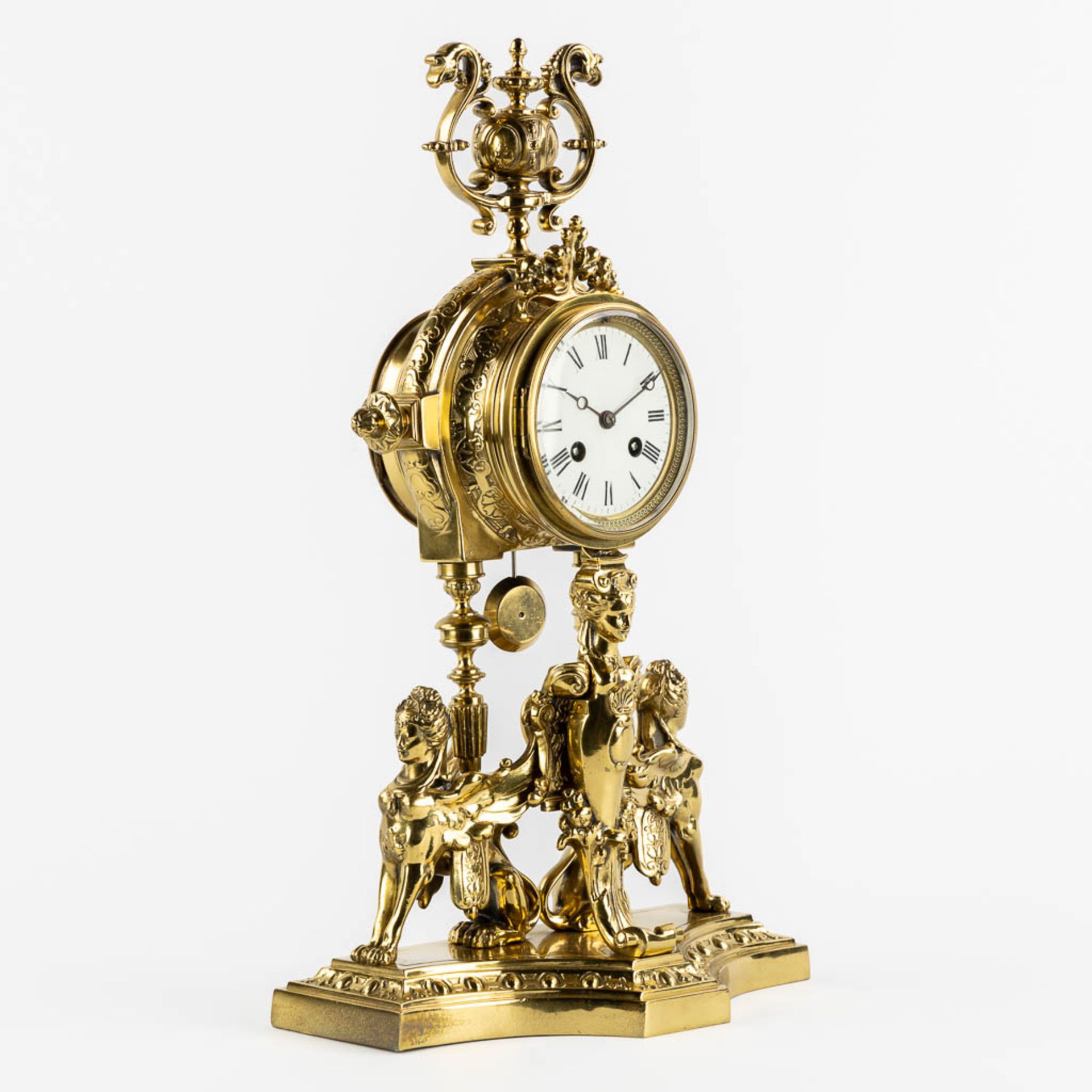 A mantle clock, polished bronze, decorated with Mythological Figures. Circa 1880. (L:15 x W:26 x H:4 - Image 3 of 12