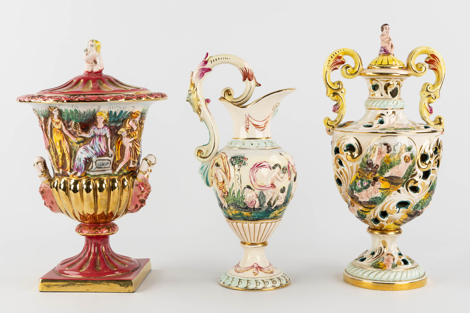 Six large bowls and vases, glazed faience, Capodimonte, Italy. (H:52 x D:23 cm) - Image 11 of 16