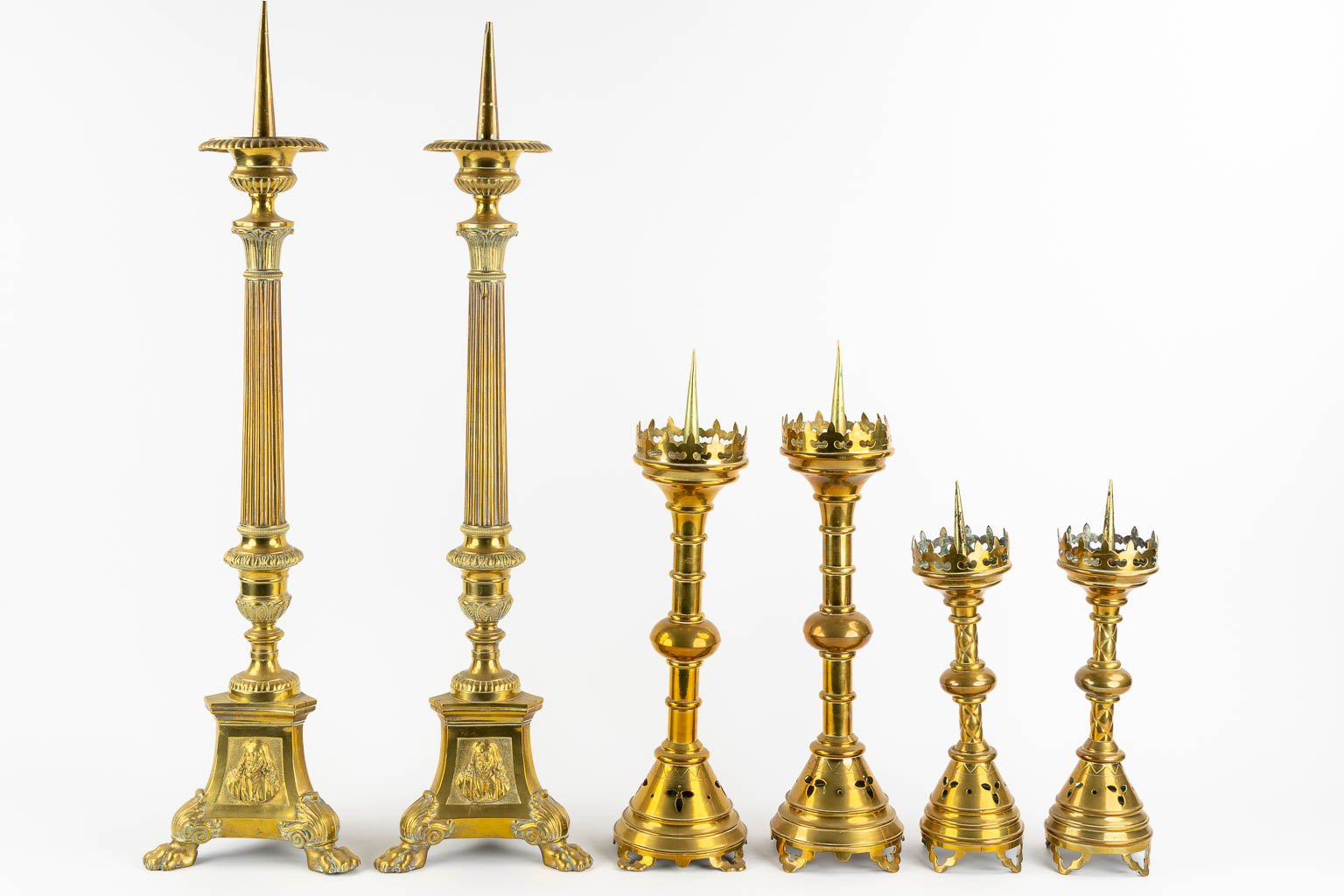 Three pairs of Church candlesticks, brass. Gothic Revival. (H:86 cm) - Image 5 of 16