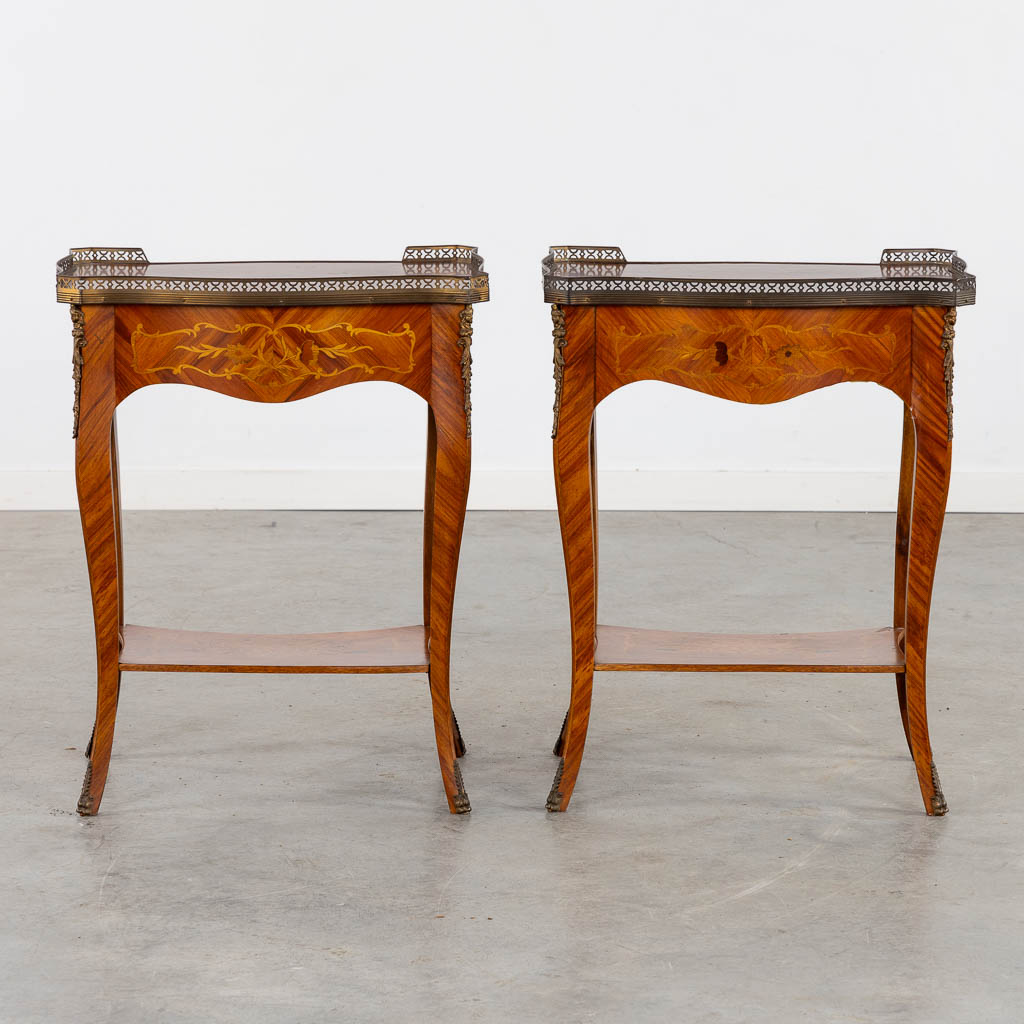A pair of side tables, marquetry inlay and mounted with bronze. (L:37 x W:51 x H:65 cm) - Image 6 of 13