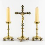 An altar crucifix and matching candelabra, Brass, Gothic revival, probably made by Bourdon, Ghent. (