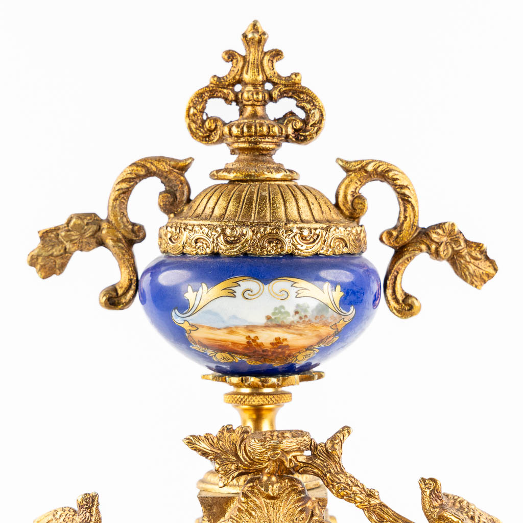 A three-piece mantle garniture clock and side pieces, bronze mounted with porcelain. (L:12 x W:20 x - Image 11 of 18
