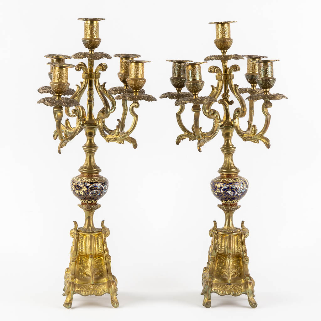 Two pairs of candelabra, bronze and cloisonné, Empire and Louis XVI style. (H:49 x D:26 cm) - Image 4 of 18