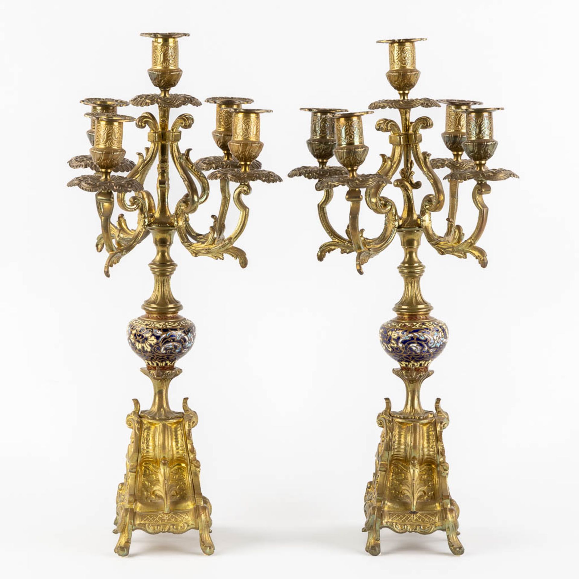 Two pairs of candelabra, bronze and cloisonné, Empire and Louis XVI style. (H:49 x D:26 cm) - Bild 4 aus 18