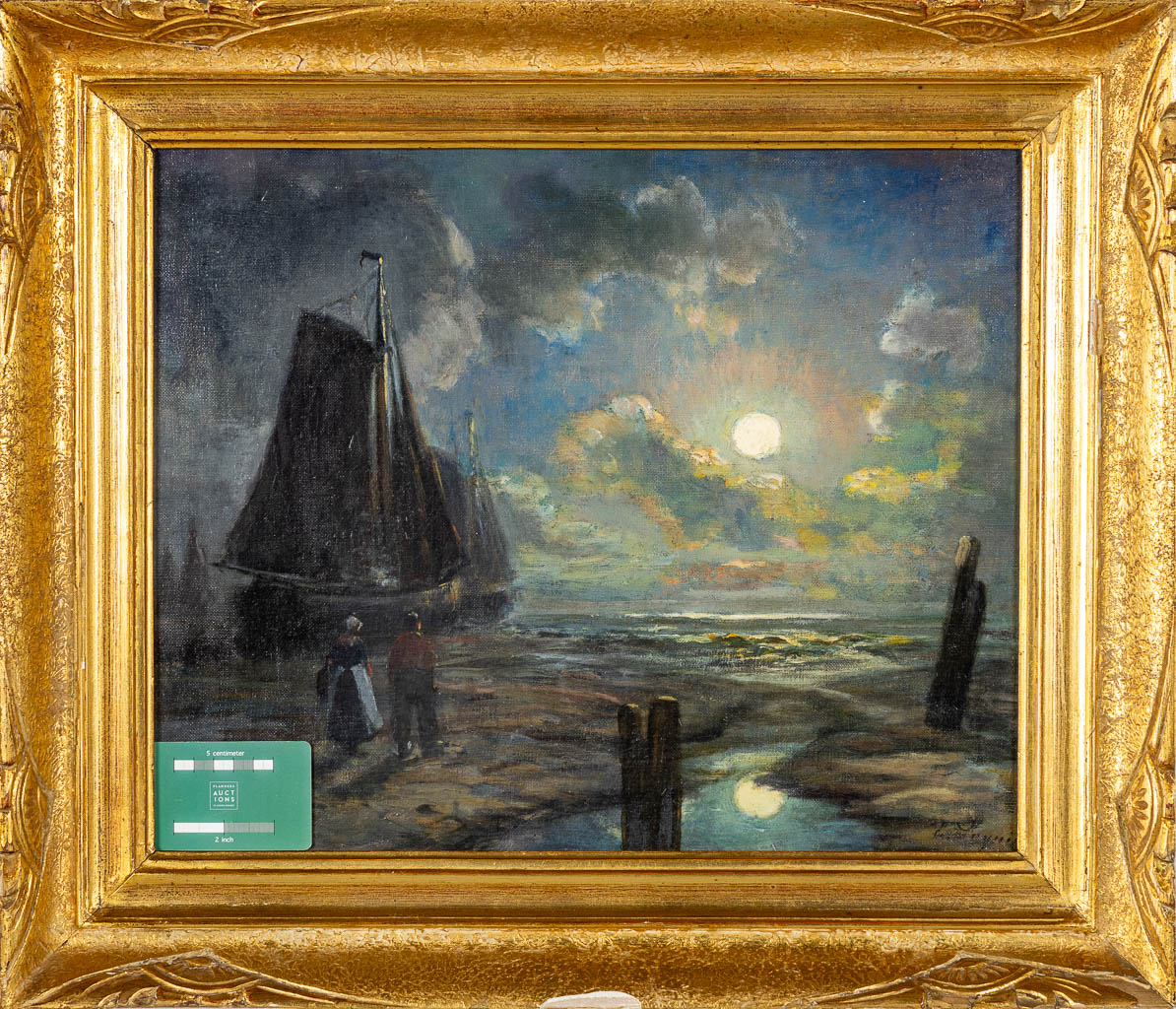 An antique painting 'Night view of the harbor', early 20th C. (W:46 x H:38 cm) - Image 2 of 6