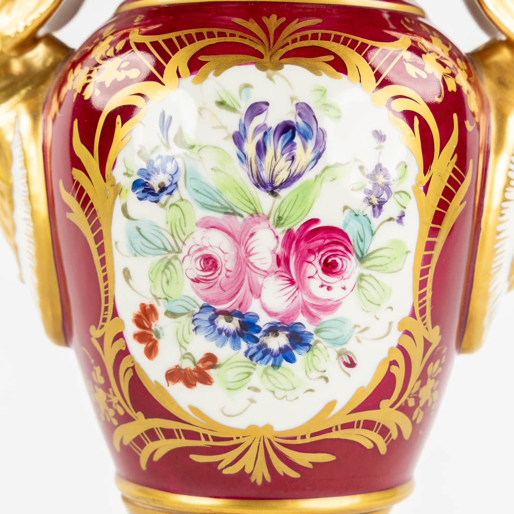 Limoges and Sèvres marks, a lamp base and a tazza with a hand-painted flower decor. (H:40 cm) - Image 13 of 14