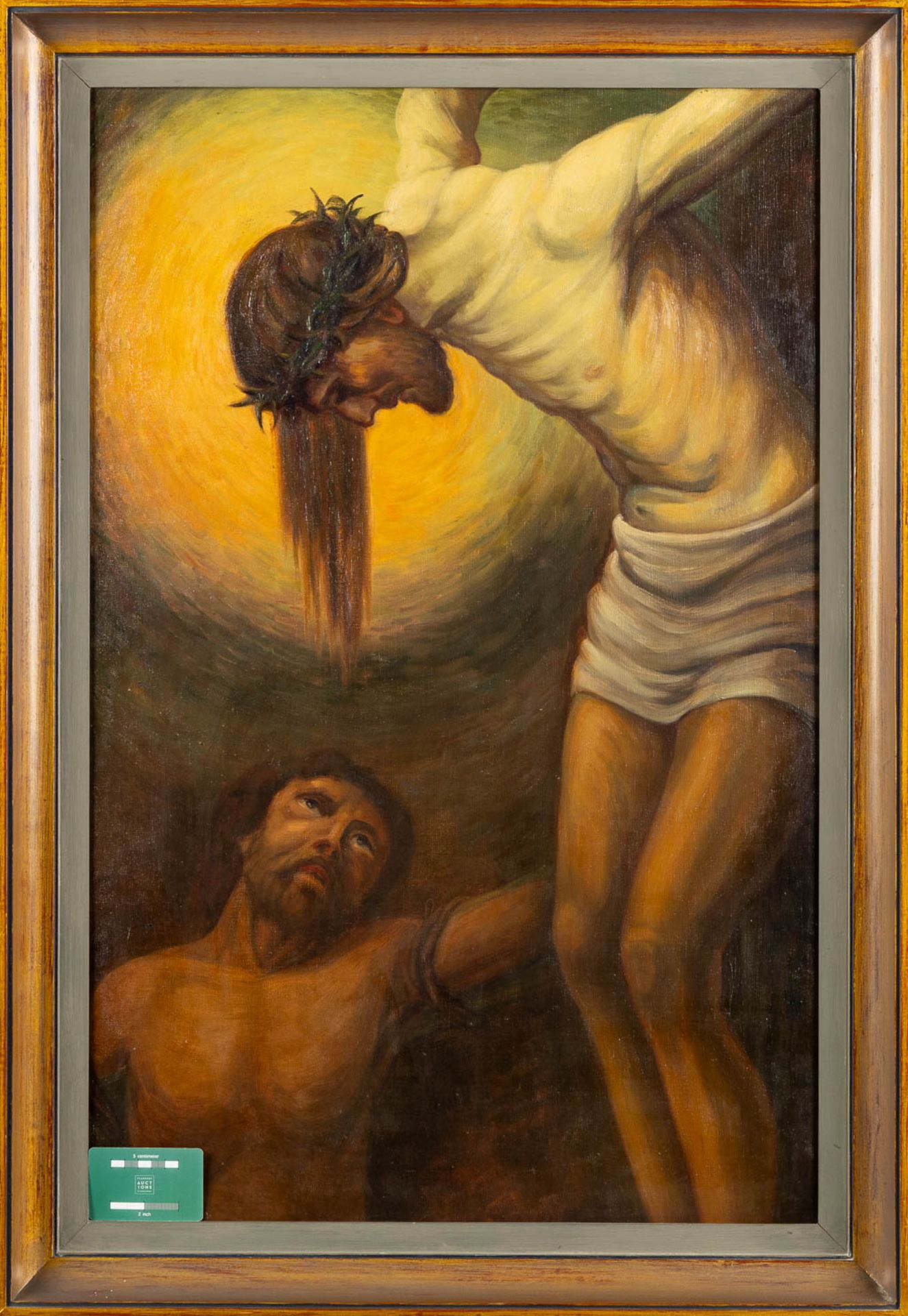 An antique painting 'Christ hanging from the cross' oil on canvas. (W:55 x H:86 cm) - Bild 2 aus 6