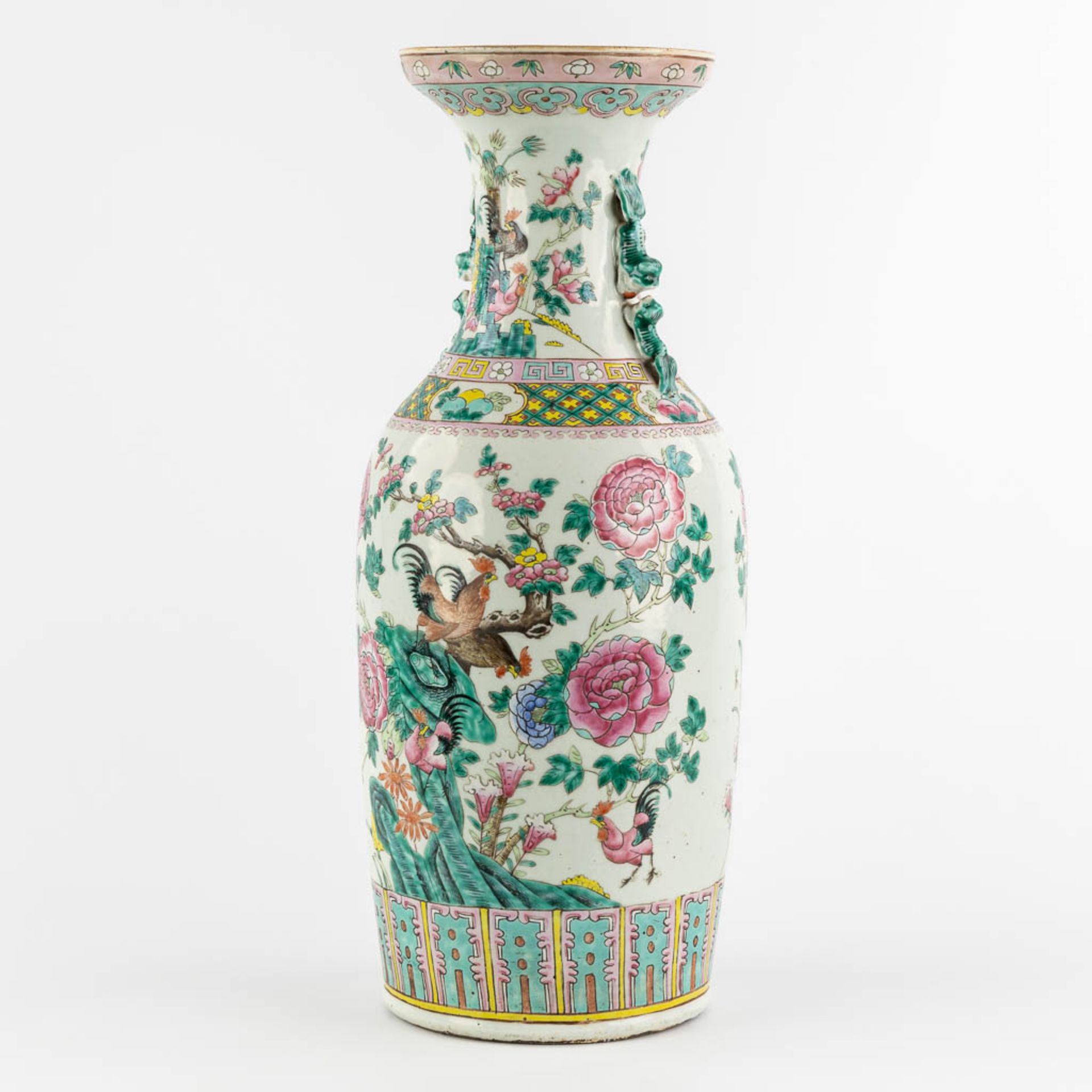 A large Chinese Famille Rose vase decorated with Chicken and Flora. (H:59 x D:23 cm) - Image 3 of 11