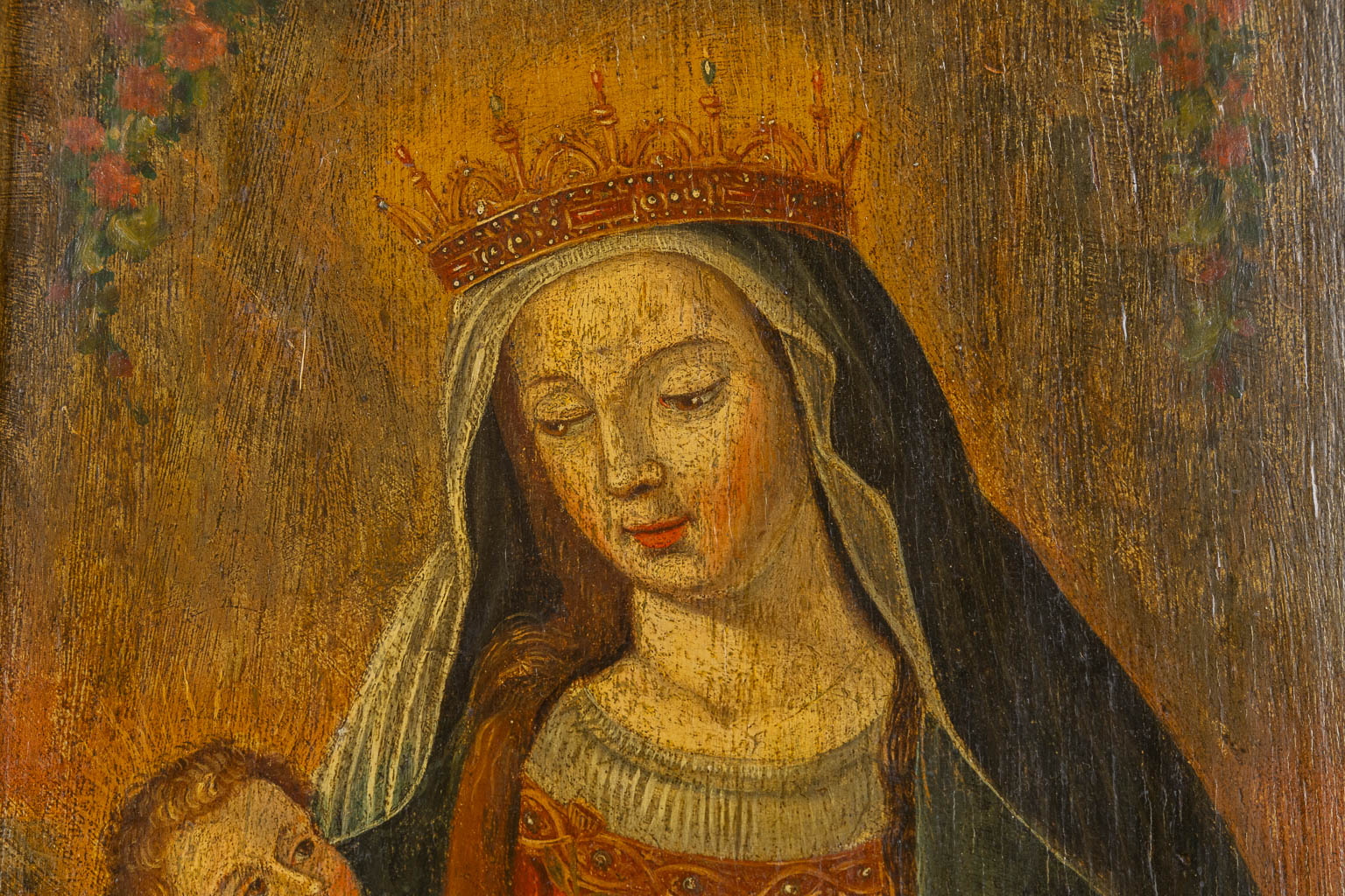 Madonna with child and roses, Oil on panel. 18th C. (W:27 x H:45 cm) - Image 4 of 6