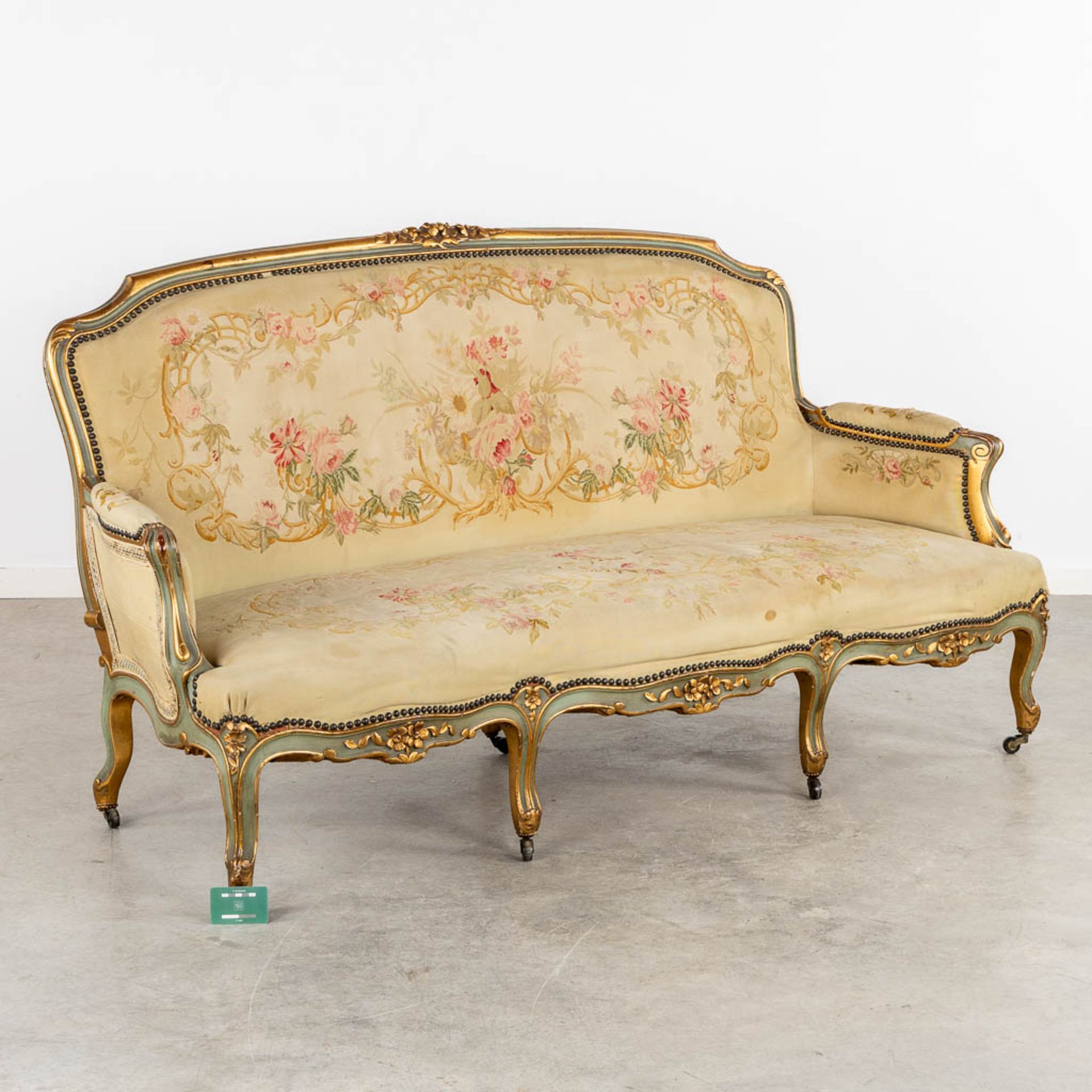 A Louis XV style sofa, upholstered with flower embroideries. (L:80 x W:175 x H:96 cm) - Image 2 of 11