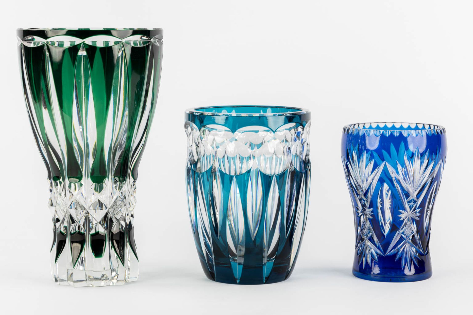 Three cut and coloured crystal vases, the largest signed Val Saint Lambert. (H:28 x D:16 cm) - Image 5 of 9