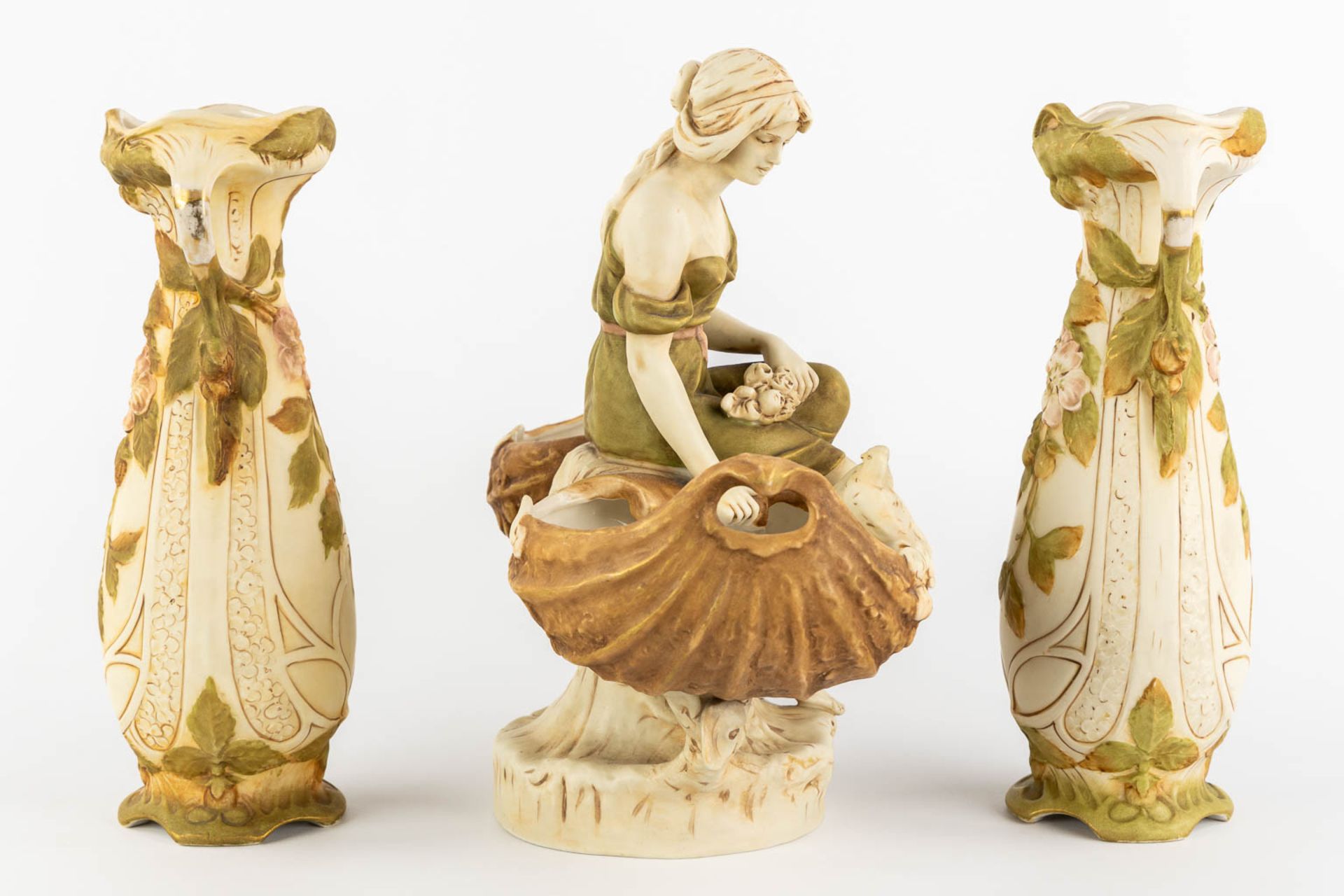 Royal Dux, a pair of vases and a lady with two baskets. Polychrome porcelain. (L:17 x W:36 x H:32 cm - Image 4 of 15