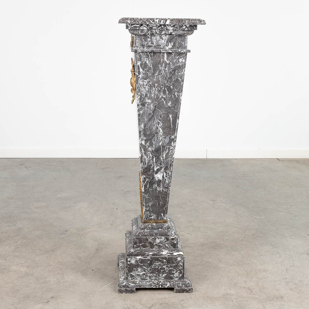 A pedestal, made of grey marble mounted with gilt bronze. (L:30 x W:30 x H:104 cm) - Image 7 of 11