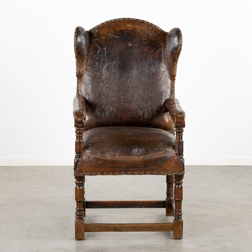 An antique Throne chair, leather on wood, great patina. 18th C. (L:76 x W:67 x H:125 cm) - Image 3 of 13