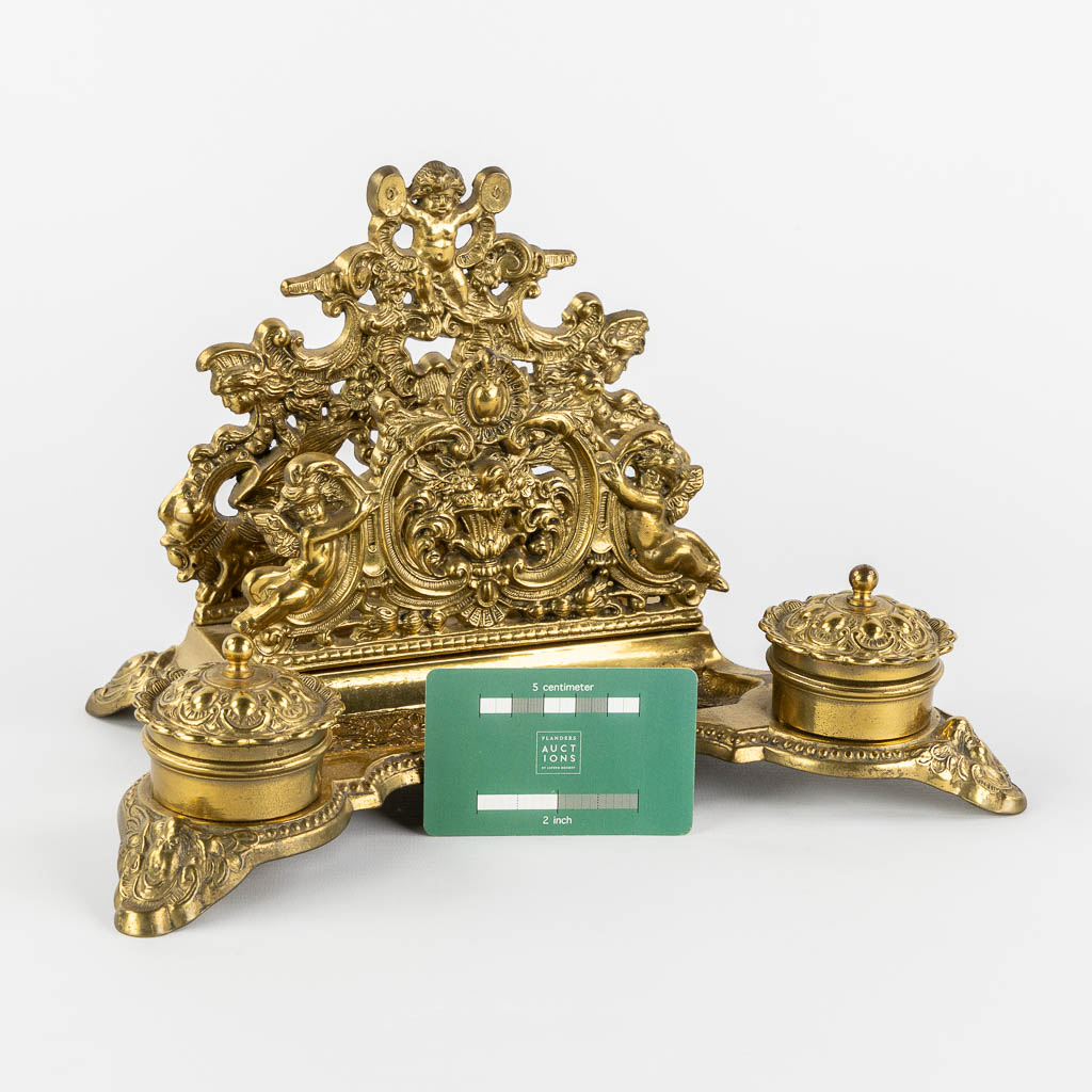 A letter holder and ink pot, polished bronze. (L:20 x W:30 x H:19 cm) - Image 2 of 14