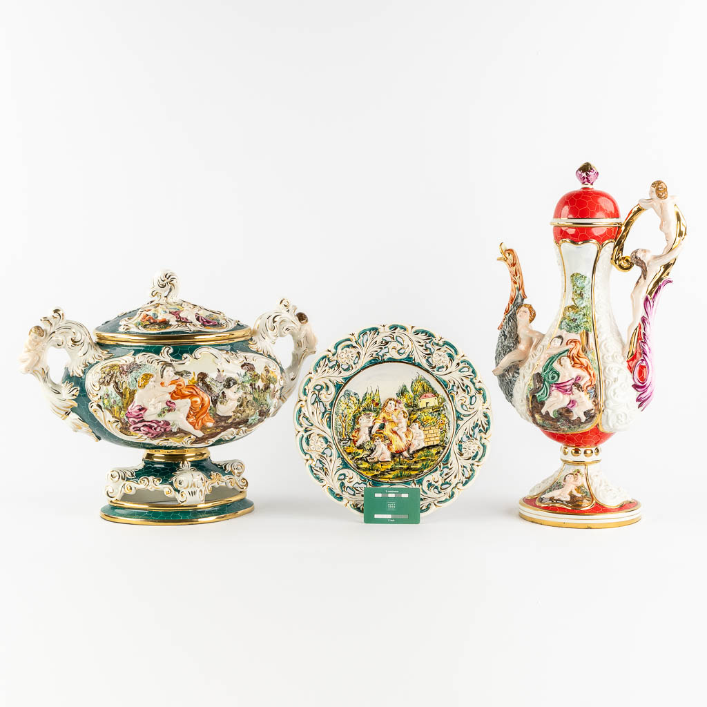 Two vases and a plate, glazed faience, Capodimonte, Italy. (L:21 x W:30 x H:54 cm) - Image 2 of 28