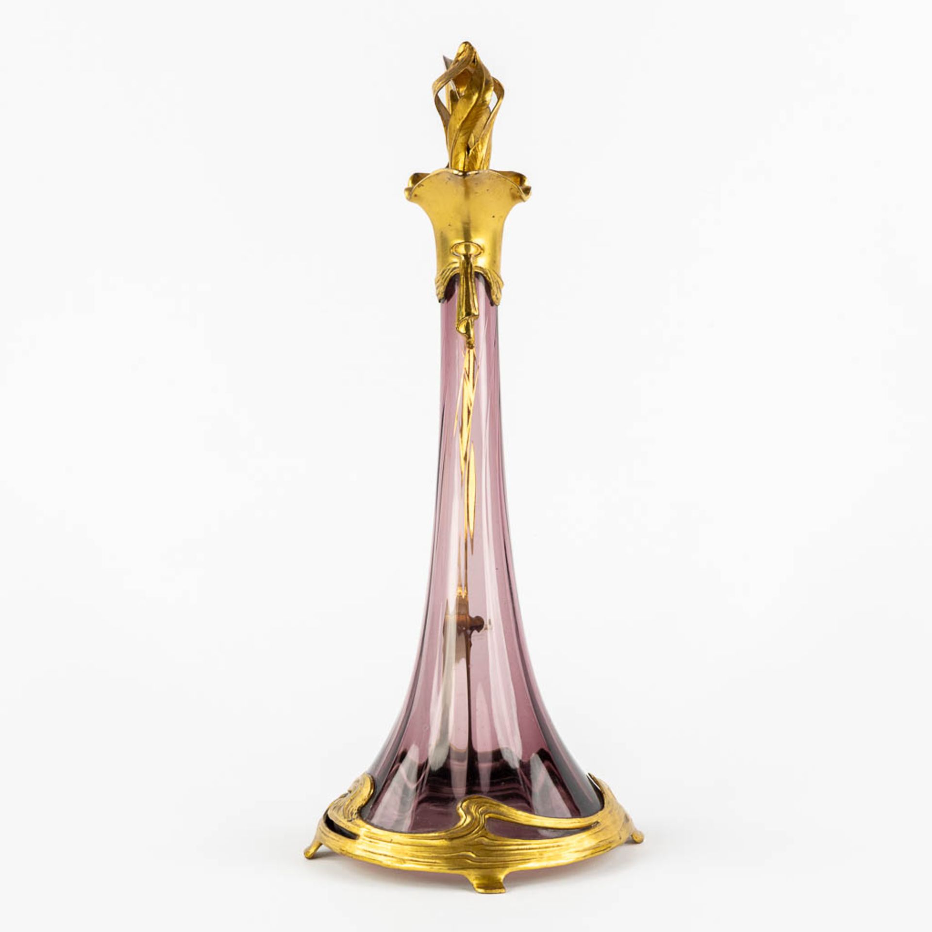 A pitcher, gilt metal and purple glass, Art Nouveau. (L:16 x W:20 x H:39 cm) - Image 6 of 11
