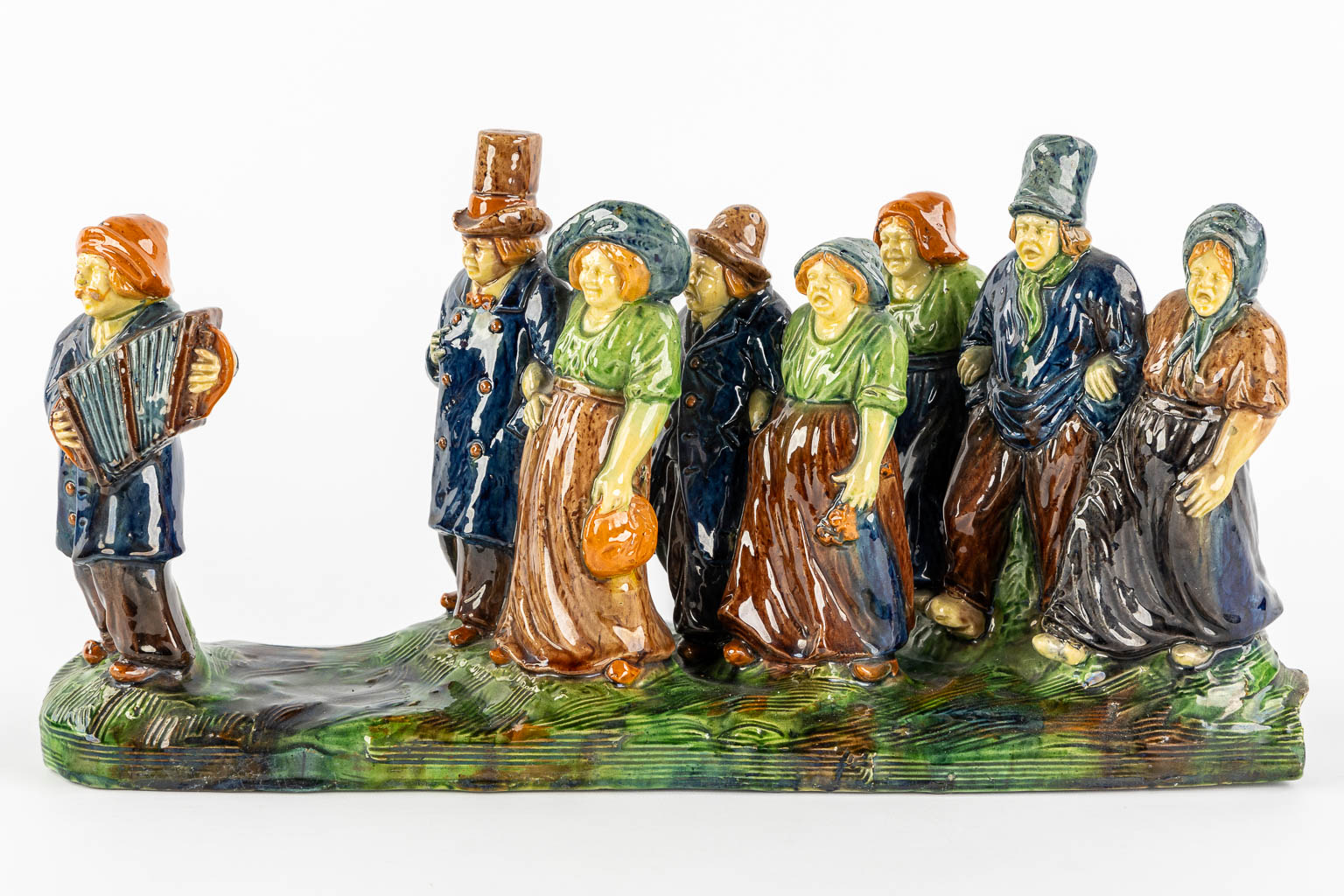 Flemish Pottery 'Bridal Parade', three pieces. Caessens, Kortrijk. Circa 1900. (L:19 x W:138 x H:25, - Image 10 of 22