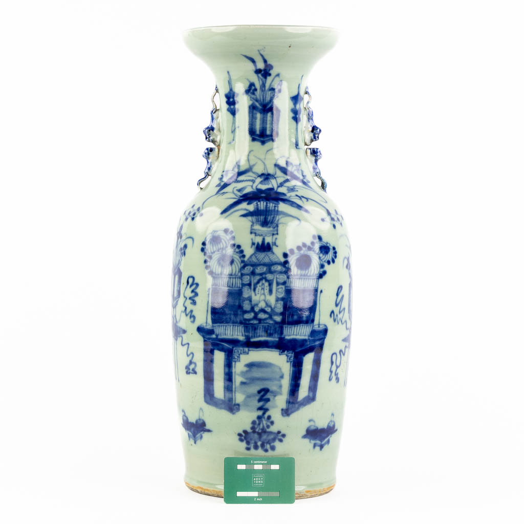 A Chinese celadon vase, decorated with flowers. 19th C. (H:56 x D:22 cm) - Image 2 of 12