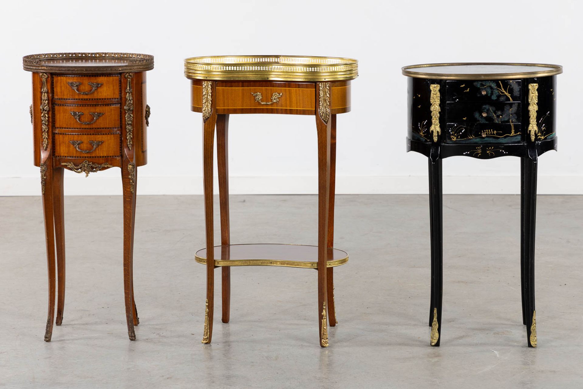 Three small side tables, marquetry and painted decor. 20th C. (L:30 x W:44 x H:71 cm) - Image 4 of 14