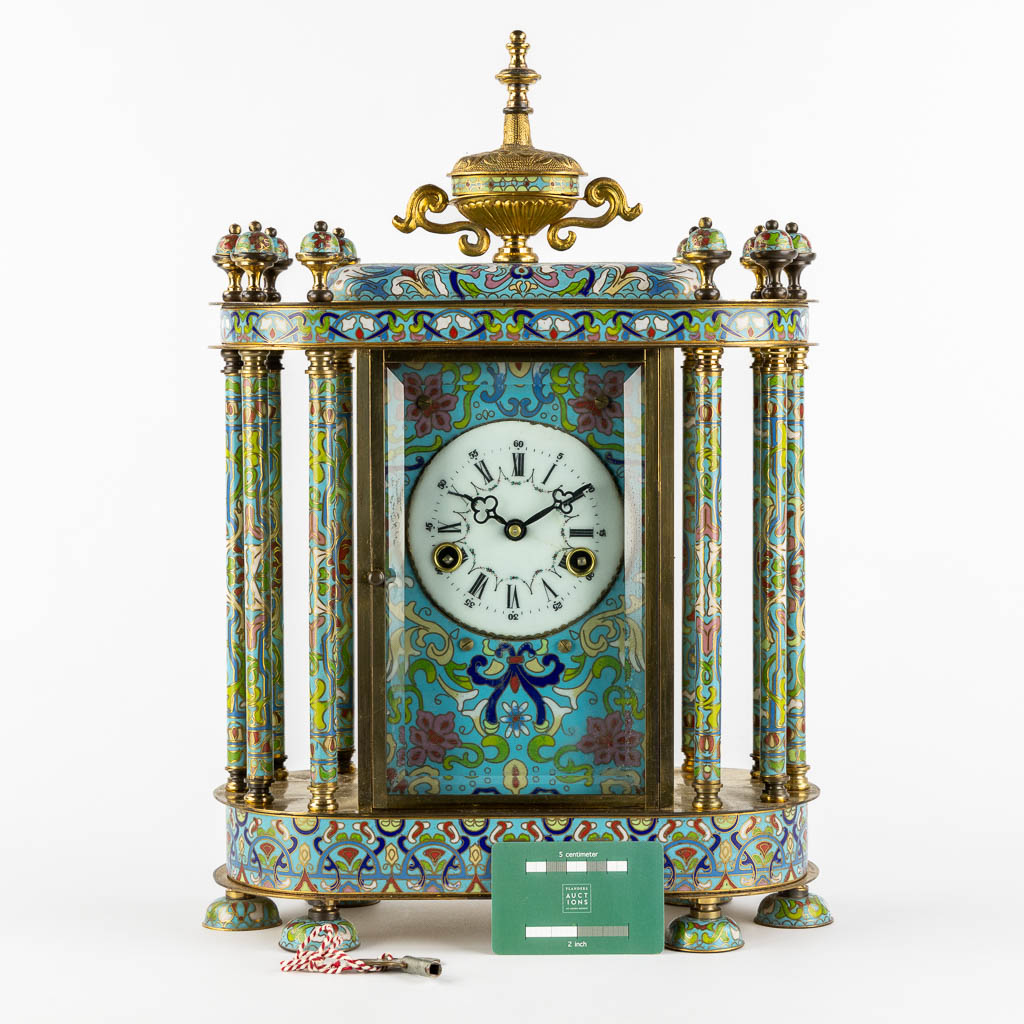A decorative table clock, finished with cloisonné enamel. (L:15 x W:32 x H:46 cm) - Image 2 of 11