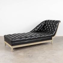A white-patinated 'Chaise Longue', wood and leather in Louis XVI style. (L:76 x W:200 x H:87 cm)