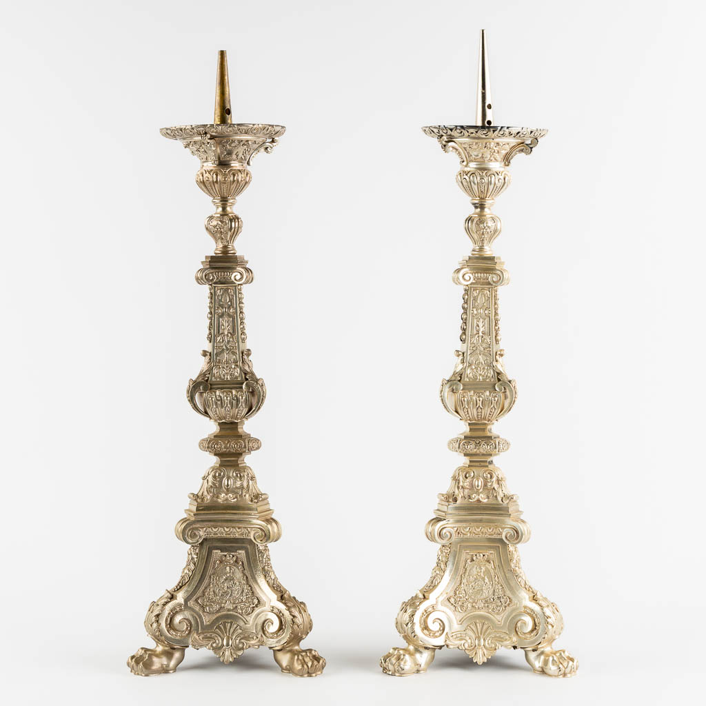 A pair of church candlesticks, silver-plated bronze. (L:24 x W:24 x H:78 cm) - Image 4 of 12