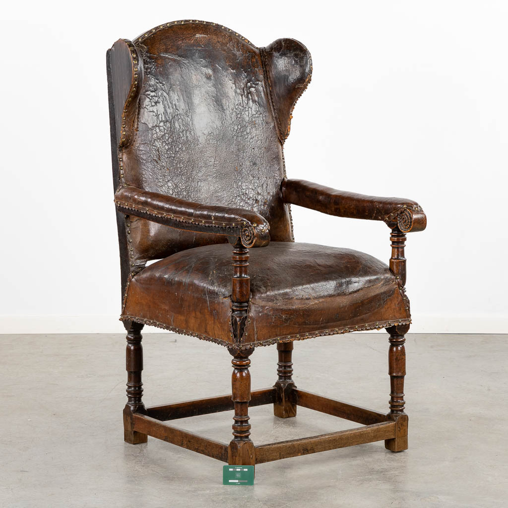 An antique Throne chair, leather on wood, great patina. 18th C. (L:76 x W:67 x H:125 cm) - Image 2 of 13