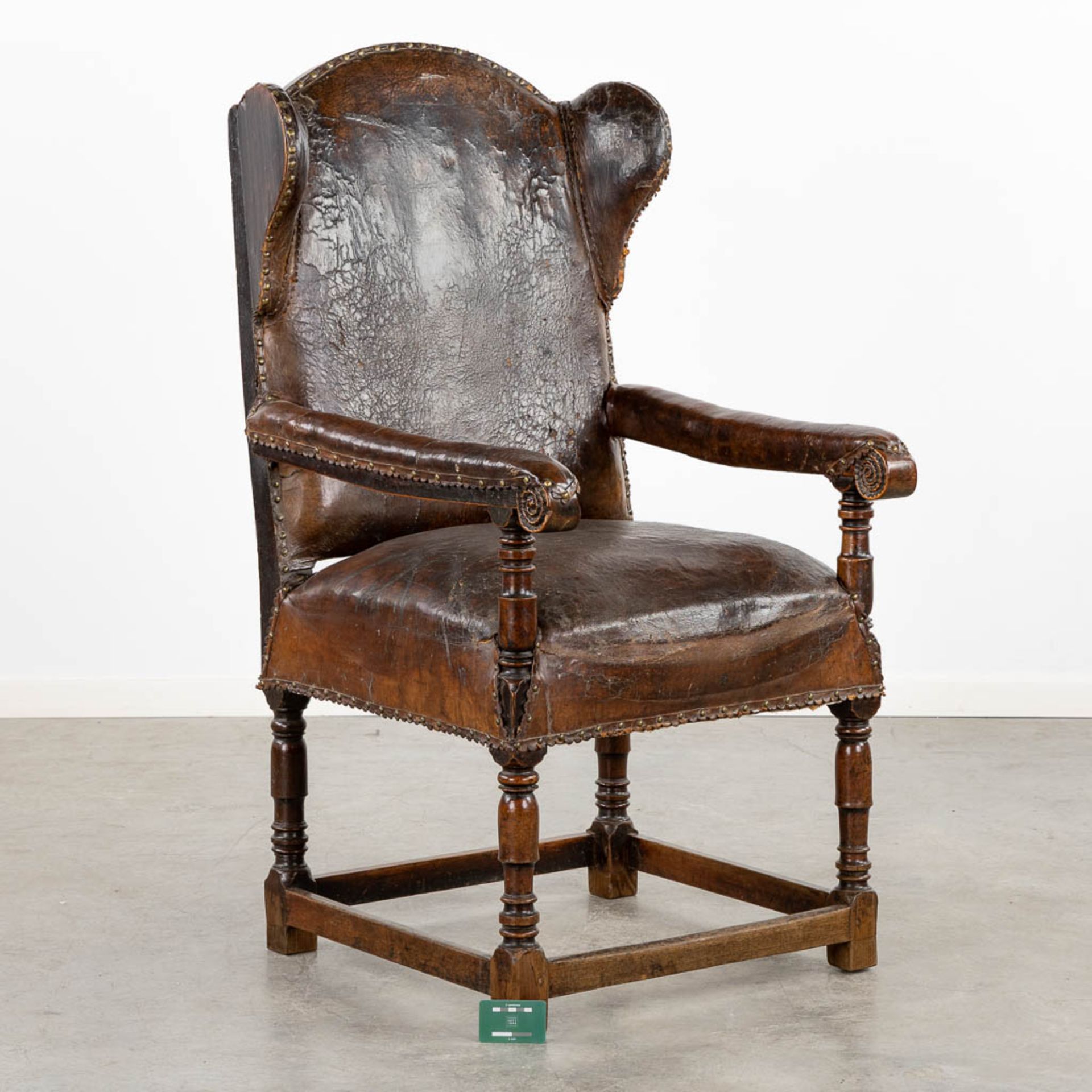 An antique Throne chair, leather on wood, great patina. 18th C. (L:76 x W:67 x H:125 cm) - Bild 2 aus 13