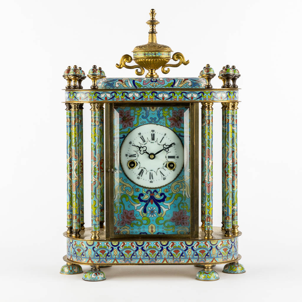A decorative table clock, finished with cloisonné enamel. (L:15 x W:32 x H:46 cm) - Image 3 of 11