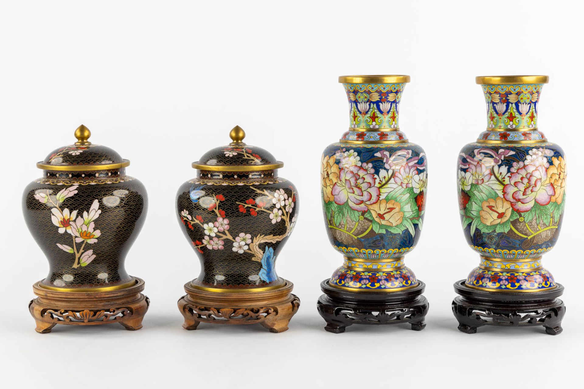 Twelve pieces of Cloisonné enamelled vases and trinklet bowls. Three pairs. (H:23 cm) - Image 12 of 14