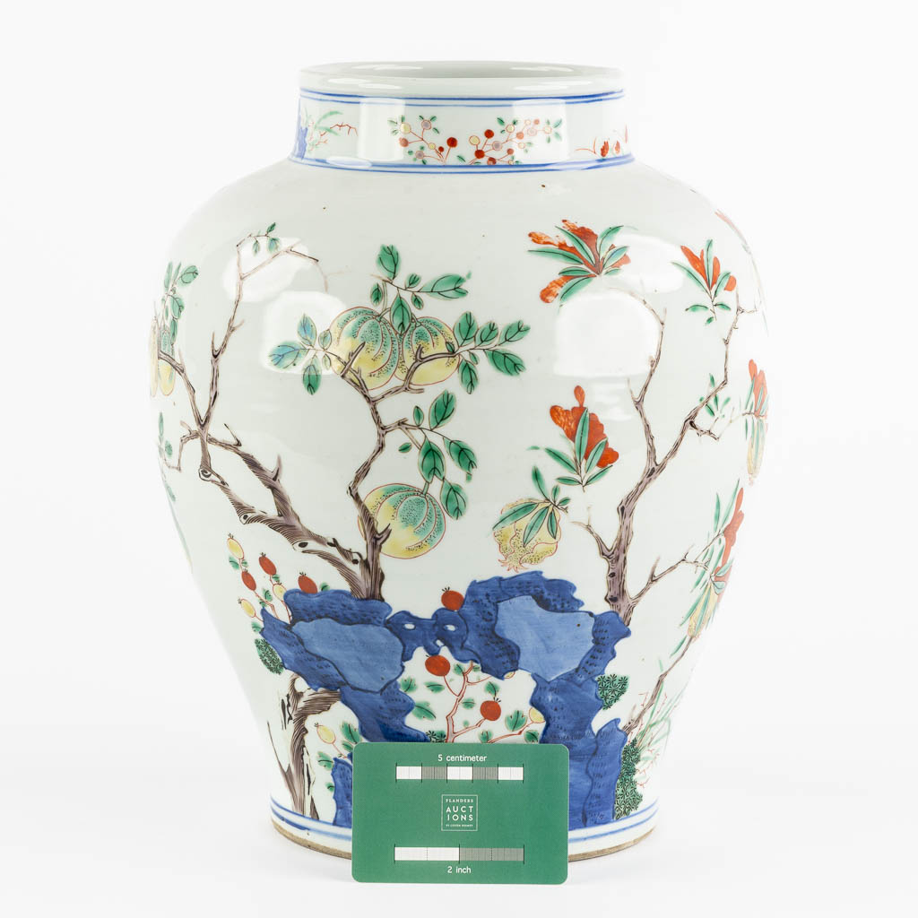 A Chinese pot, Wuchai decorated with growing fruits and blossoms. (H:31 x D:25 cm) - Image 2 of 11