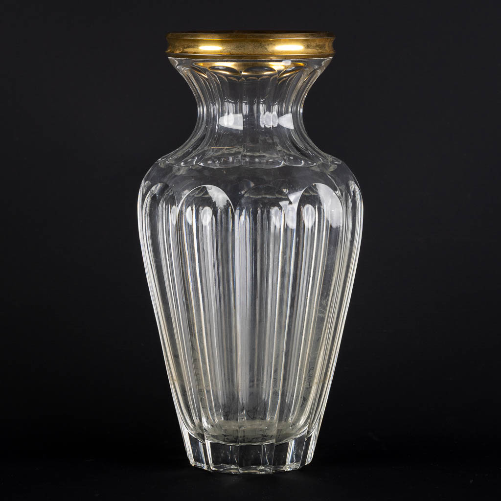 A crystal vase with a gold-plated silver ring by Wolfers Frères. A835. (H:33 x D:15,5 cm) - Image 5 of 9