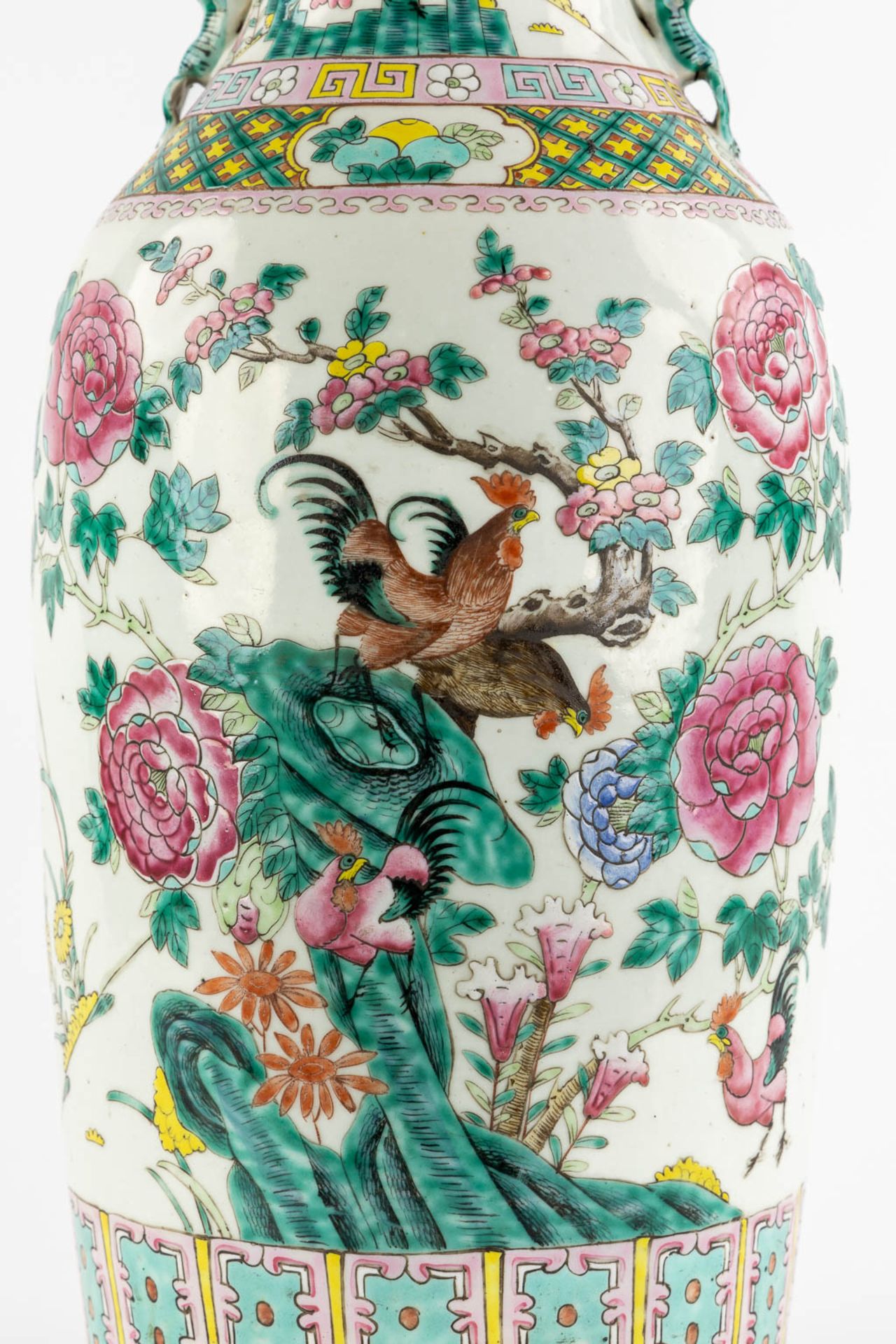 A large Chinese Famille Rose vase decorated with Chicken and Flora. (H:59 x D:23 cm) - Image 8 of 11