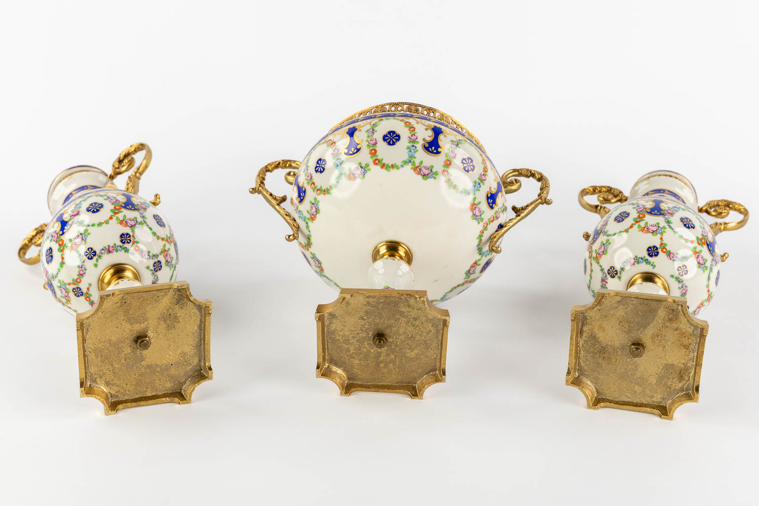 A.C.F. a three-piece mantle garniture, glazed ceramics mounted with bronze. (H:41 cm) - Image 7 of 13
