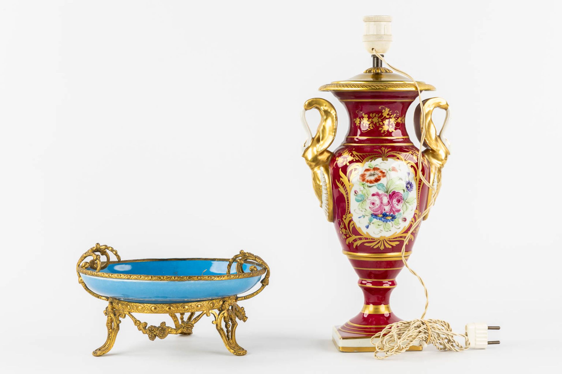 Limoges and Sèvres marks, a lamp base and a tazza with a hand-painted flower decor. (H:40 cm) - Image 5 of 14