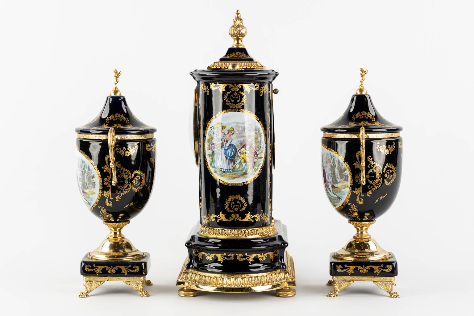 A.Rotondo, A three-piece mantle garniture clock, in the style of Limoges and A.C.F. (L:16 x W:25,5 x - Image 7 of 12