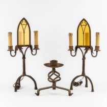 A pair of wrought iron table lamps in a Gothic Revival style. Added a candlestick. (H:63 cm)